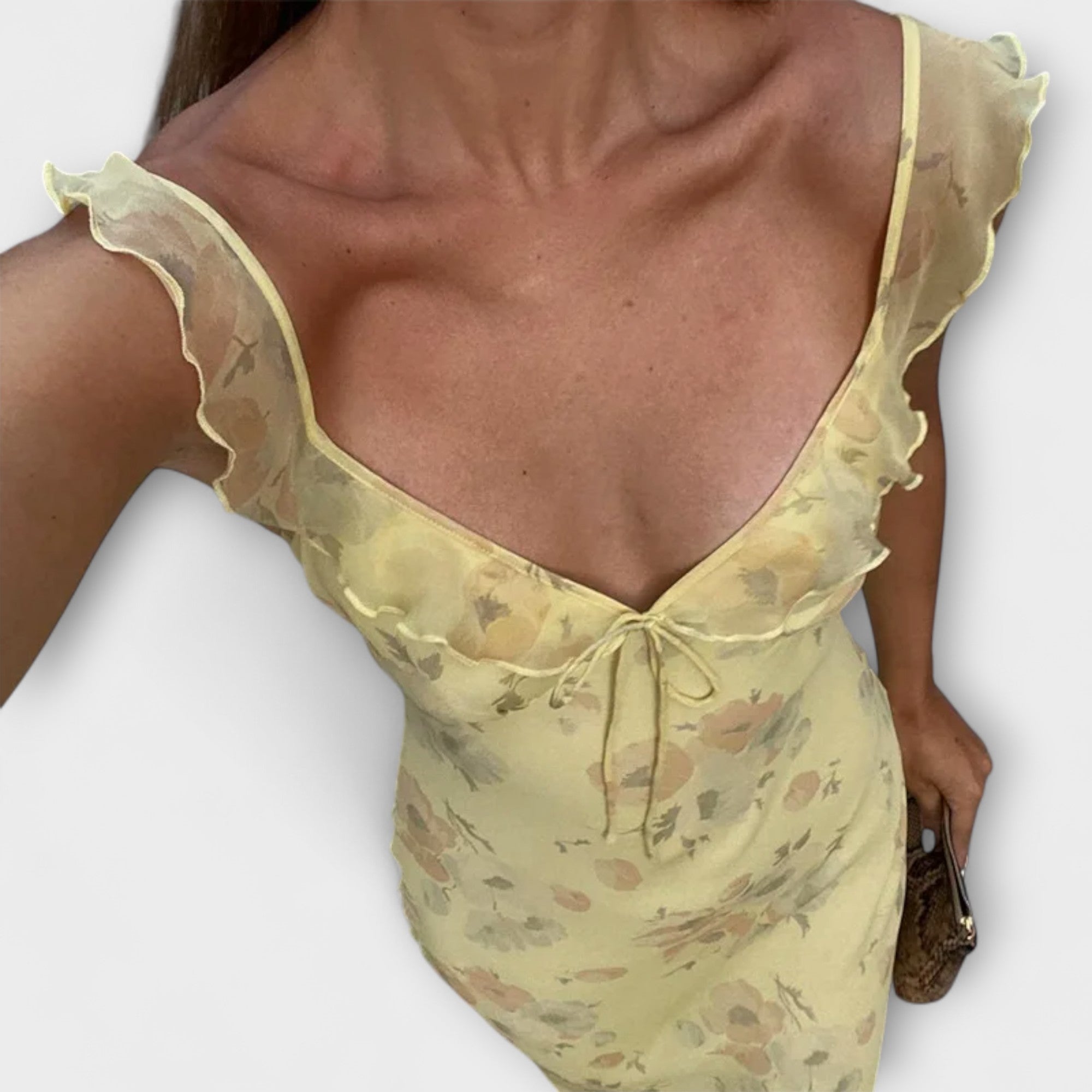 Abito Maxi Plunge con Motivo Floreale Cryptografico