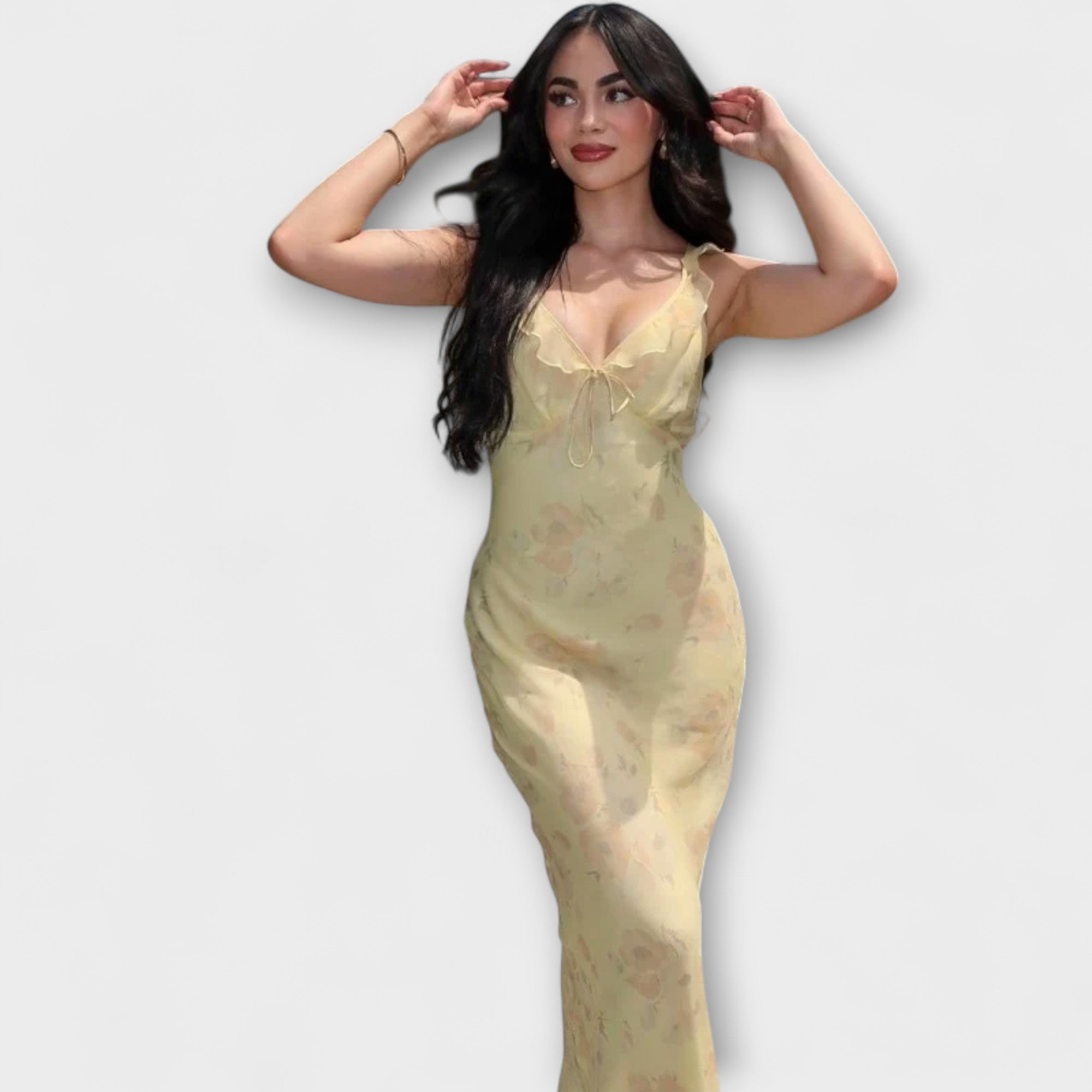 Abito Maxi Plunge con Motivo Floreale Cryptografico