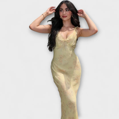 Abito Maxi Plunge con Motivo Floreale Cryptografico