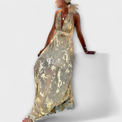 Abito Fluttuante con Scollatura a V e Dettagli di Paillettes