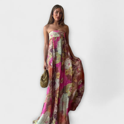 Abito Maxi Plissettato Senza Spalline Chic Retro