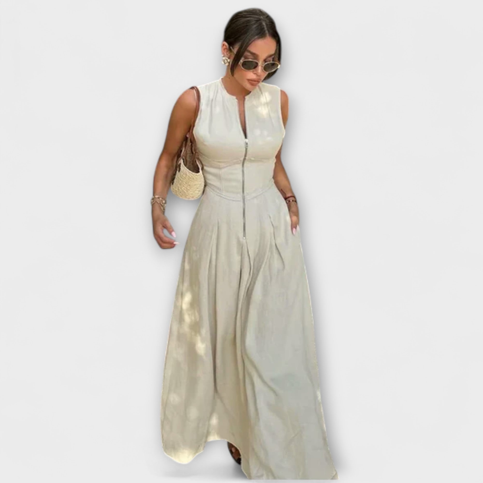 Abito midi aderente senza maniche con pieghe