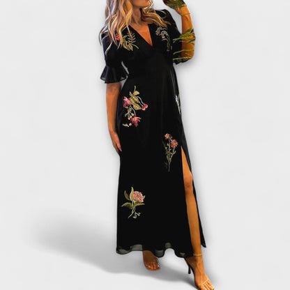 Beatrice - Elegante Abito Blu Navy con Ricami Floreali