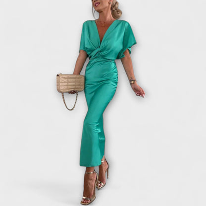 Sable - Elegante Abito Maxi in Raso con Scollatura a V e Nodo Incrociato