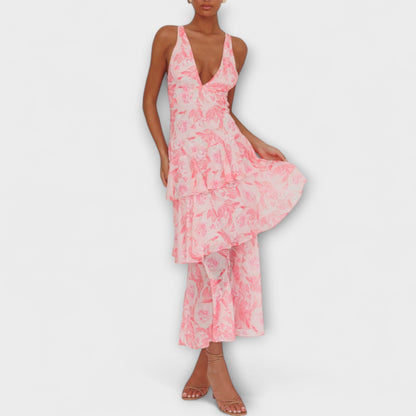 Domenica - Abito in Chiffon con Scollatura a V e Strati Fluttuanti